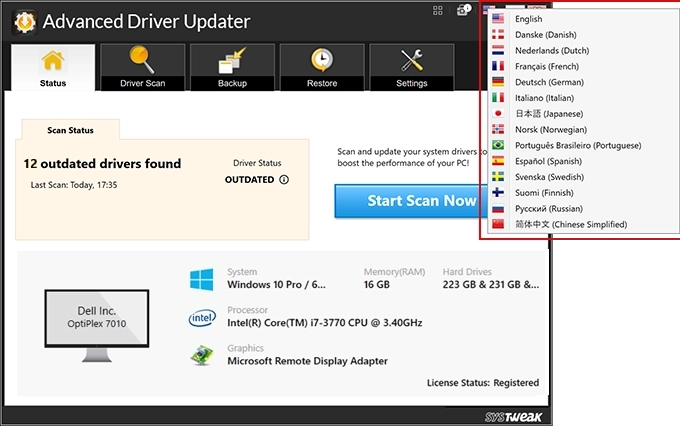 Advanced Driver Updater Language Supported