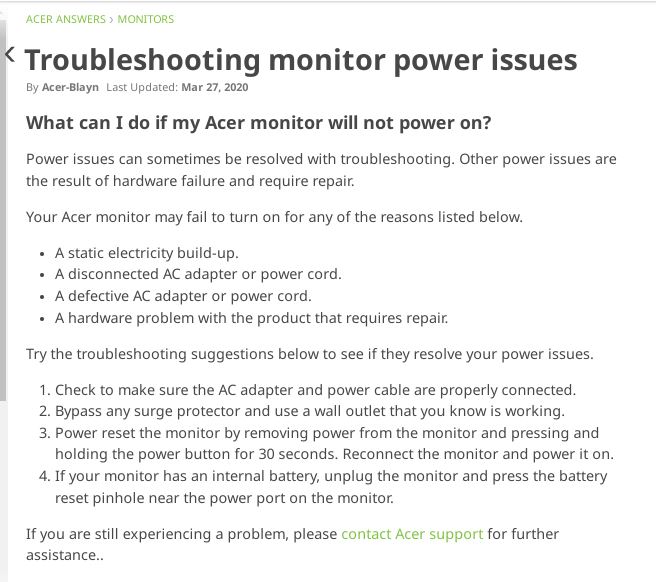 acer community answer on acer monitor not turning on issue