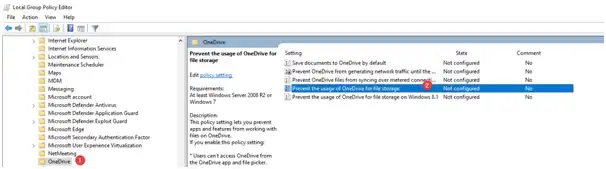 Click on Prevent the usage of OneDrive for file storag