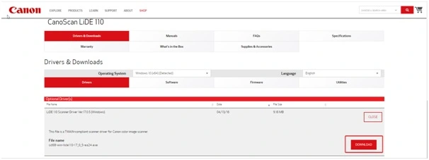 download canon LiDE 110 setup file