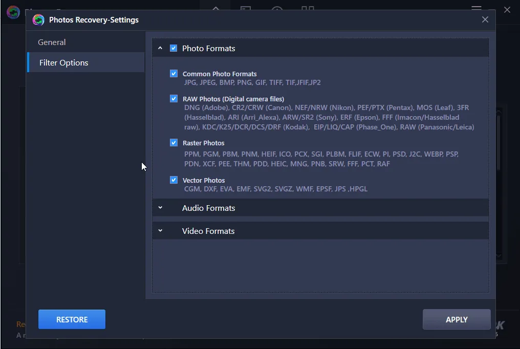 Filter Options in Photos Recovery
