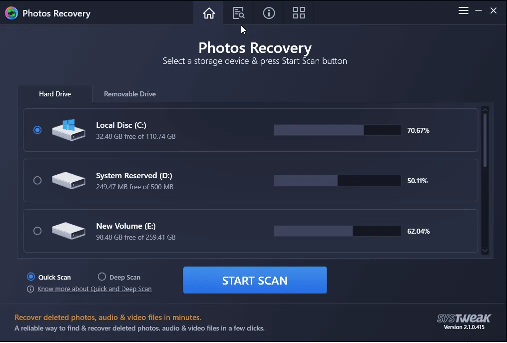 Photos Recovery Home Screen