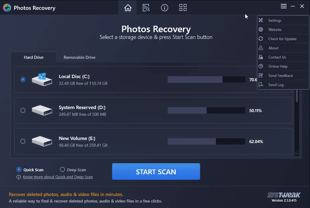 three vertical lines to select settings -Photos Recovery