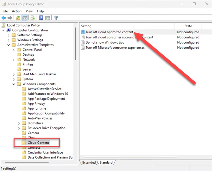 Cloud Content in the group policy editor