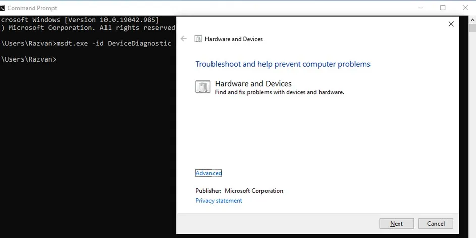 Type msdt.exe -id DeviceDiagnostic