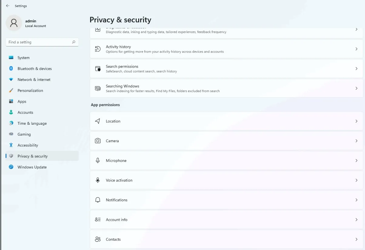look for camera in privacy and security