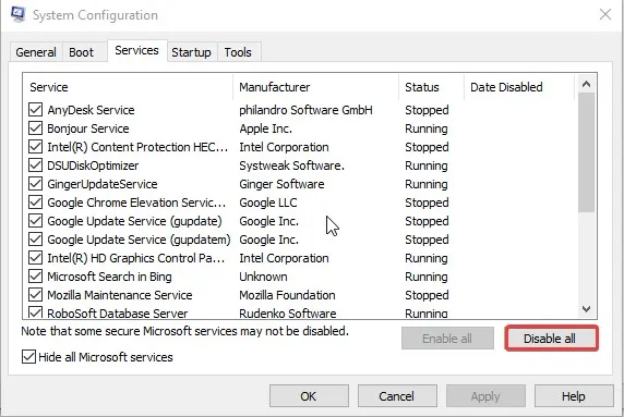 click Disable all
