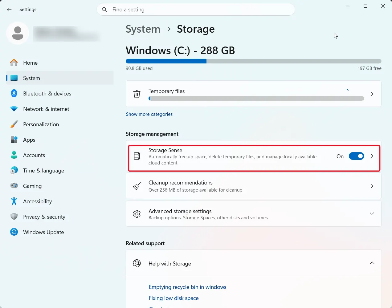 Turn on Storage Sense
