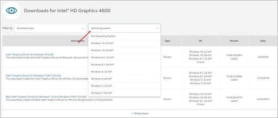 Choose intel hd graphics 4600 operating system