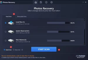 START SCAN option in photos recovery