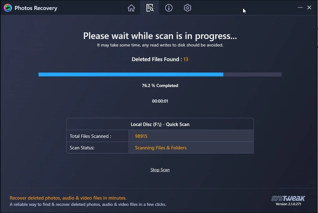 scan is in progress using photos recovery