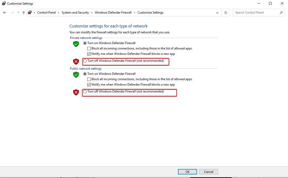windows defender firewall customize setting