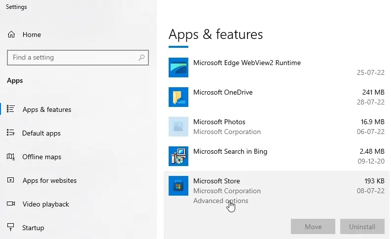 Microsoft Store option app and feature