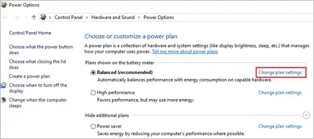 Change plan settings option