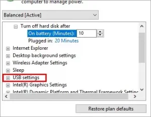USB settings