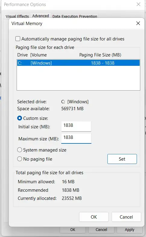 Automatically manage paging file size for drives
