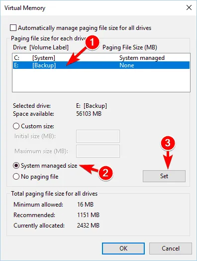 Select system managed size option