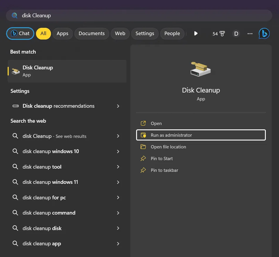 Search for Disk Cleanup in start menu