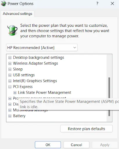 PCI Express in power option