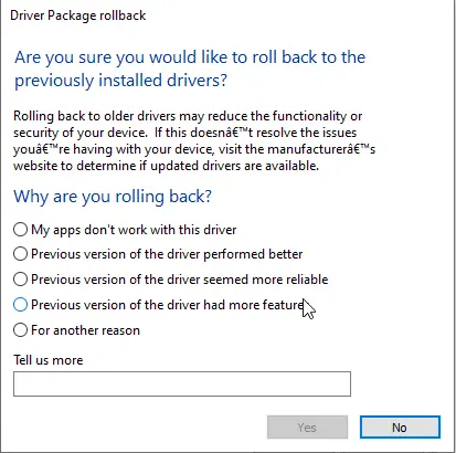 driver package rollback