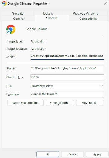 google chrome properties