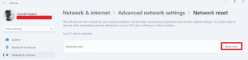 tap on Network reset