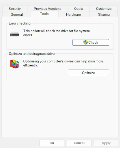 Click Check button under Error checking