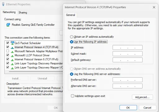 Click on Use the following IP address