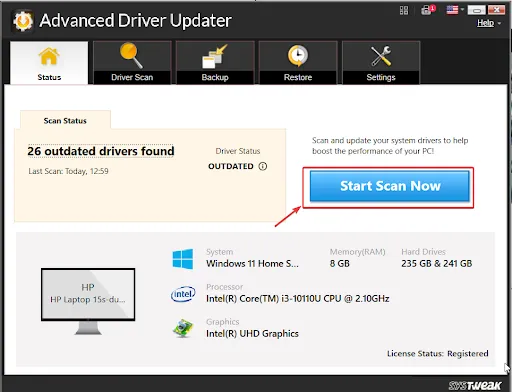 click on start scan in advanced driver updater