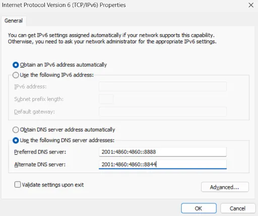 enter the values in IPV6