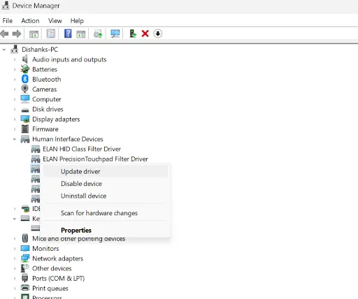 find option to update driver in device manager