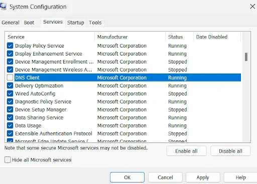 find the DNS client Uncheck the service to disable it