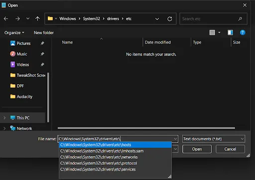 open Notepad application to verify local hosts files