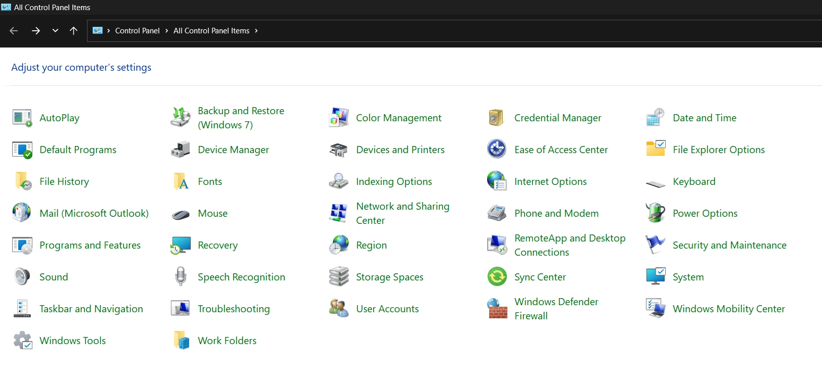 Network and Sharing Center in control panel