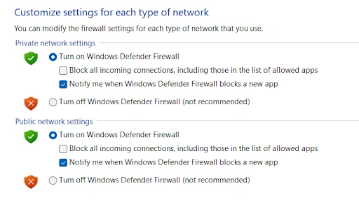 turn windows firewall defender on or off