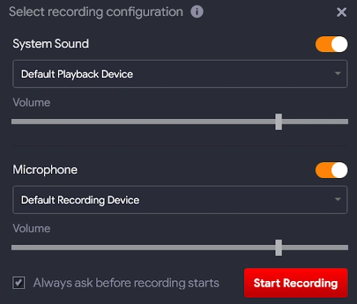 click start recording to record audio from you tube