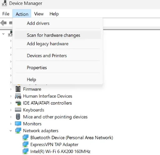 find option to Scan for hardware changes in action tab
