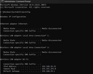 ipconfig command shows information about connection