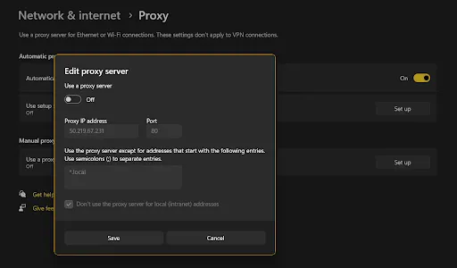 look for Manual proxy settings