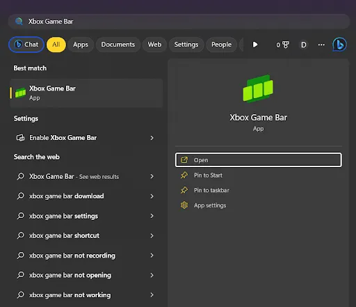 search for Xbox Game Bar
