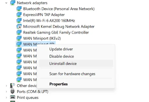 select Uninstall device option