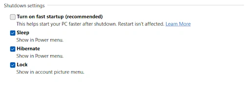 uncheck the fast startup