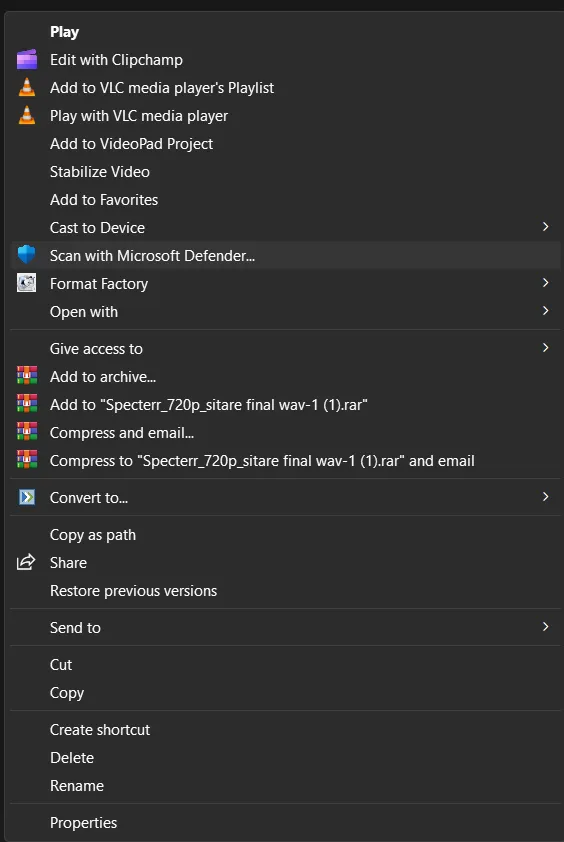 Right click file to open quick-access menu