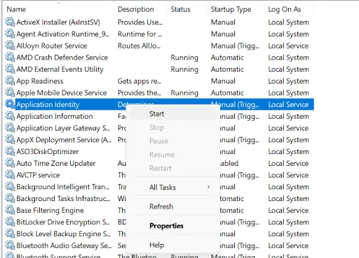 right-click on Application Identity service