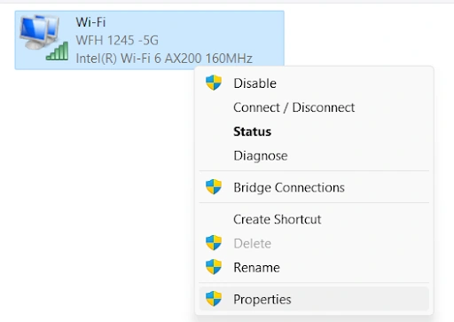 right-click on connected network and open properties