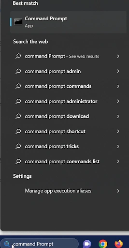search for command prompt in start menu