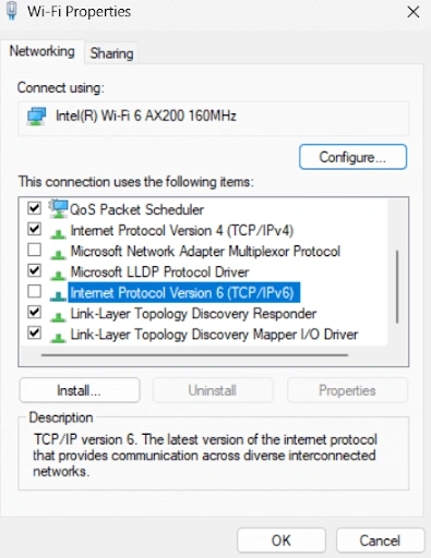 uncheck IPV6 connection type