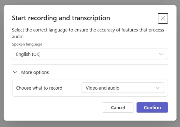 Choose what to record dropdown