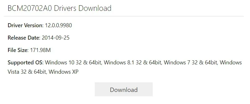 Click on Download to get BCM20702A0 Drivers