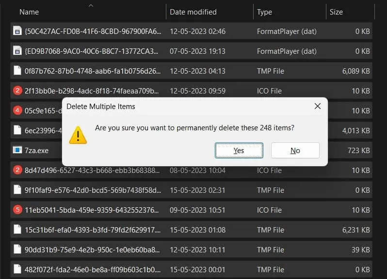 delete multiple files popup